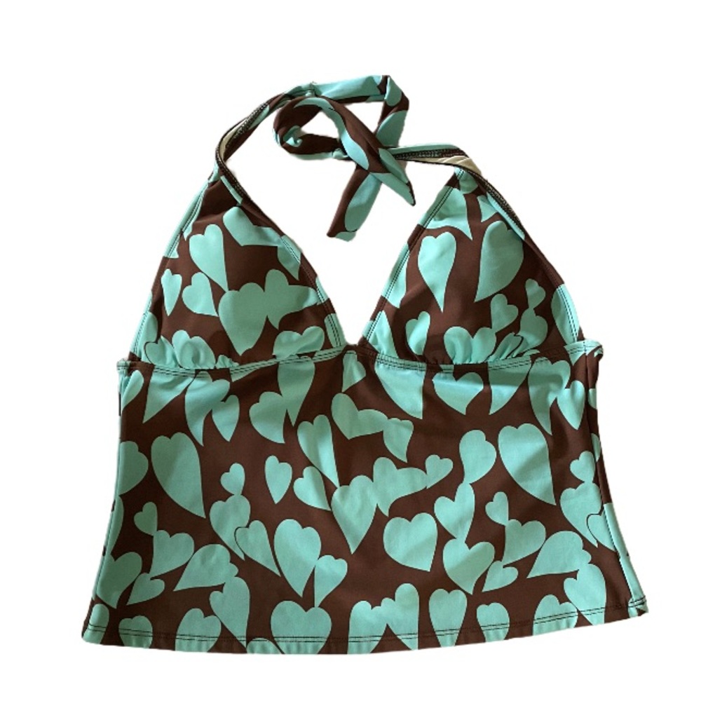 B💲6 💥♻ Athena Brown with Turquoise Heart Swimsuit Tankini Top | Size 16 | 0596
